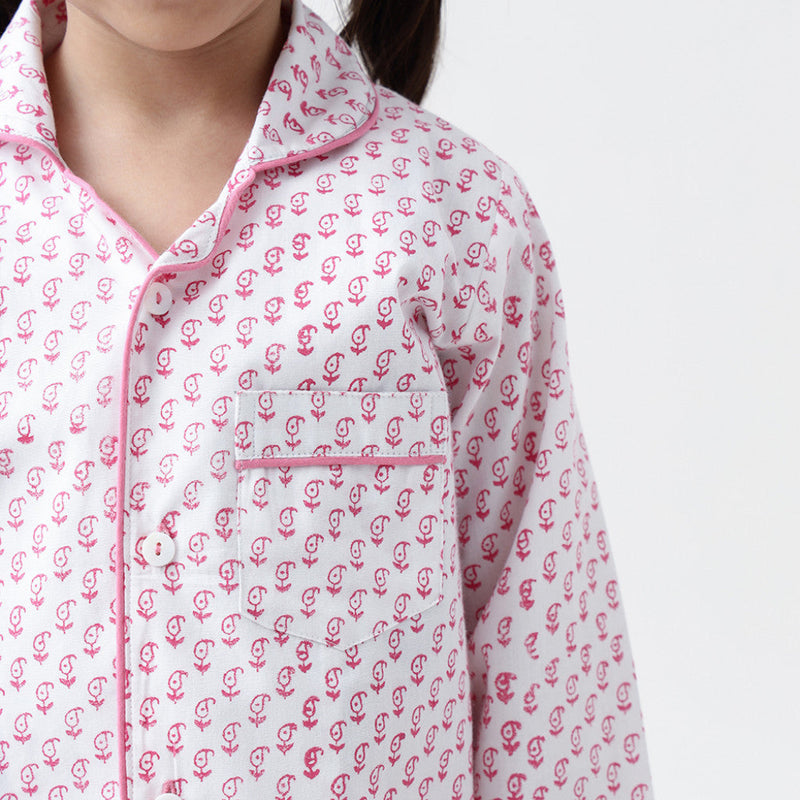 Jade Blockprint Pajama Set For Kids (Pink)