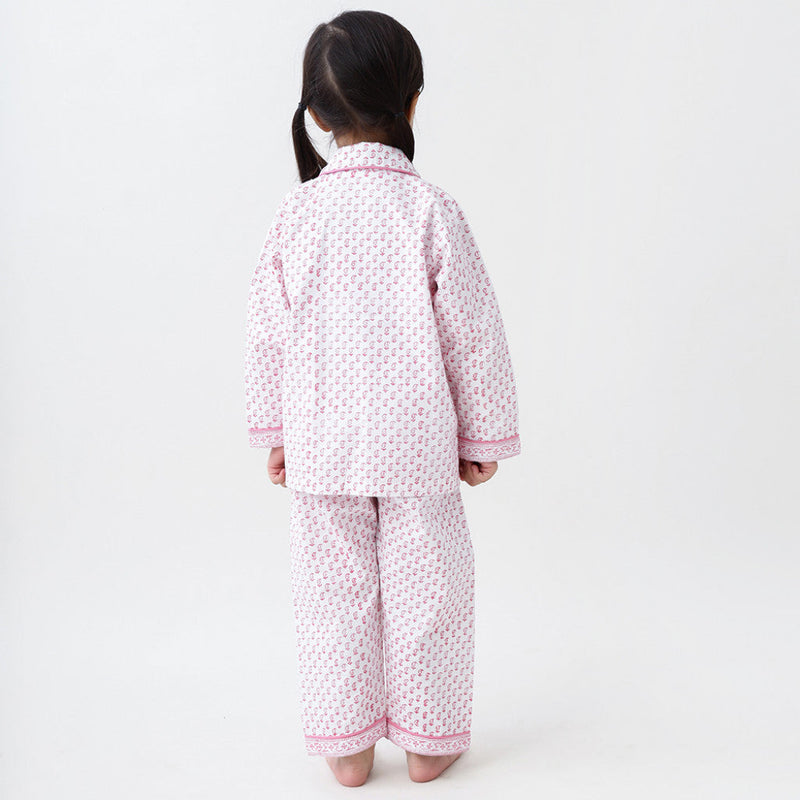 Jade Blockprint Pajama Set For Kids (Pink)