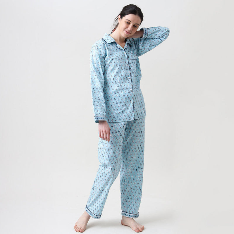 Women Lily Blockprint Pajama Set (English Blue)