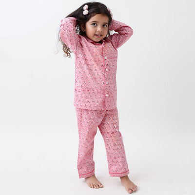 Lily Blockprint Pajama Set For Kids (Watermelon Pink)