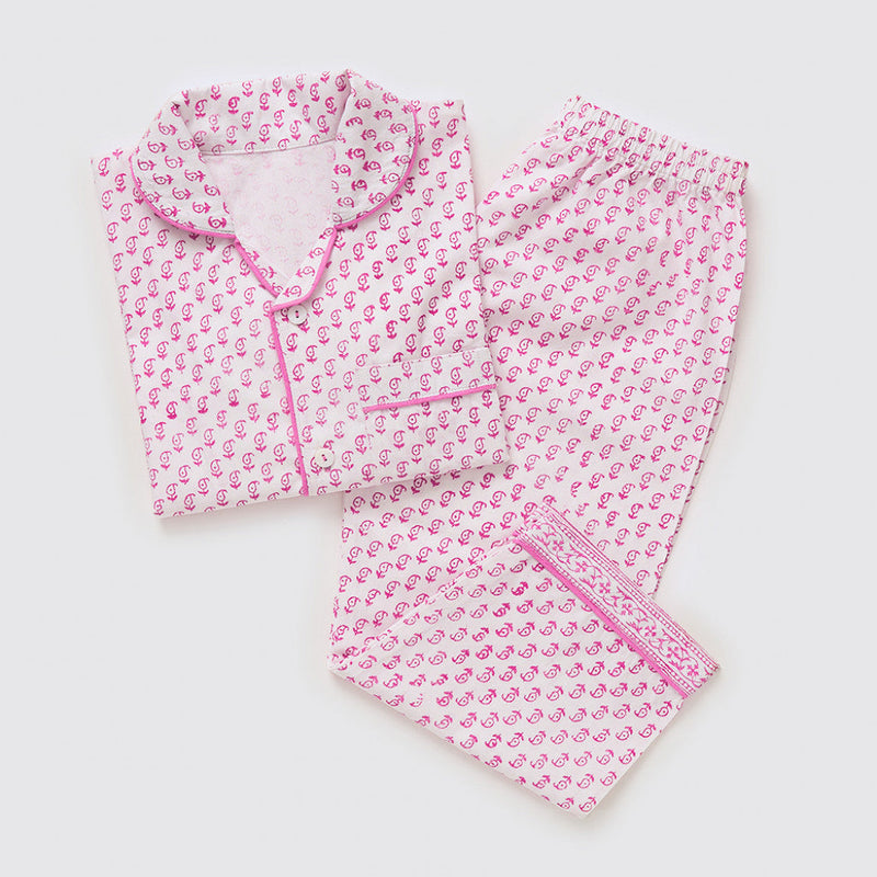 Jade Blockprint Pajama Set For Kids (Pink)