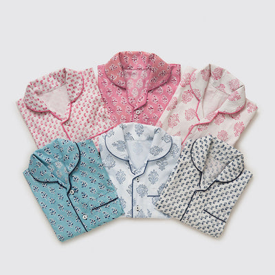 Madison Blockprint Pajama Set For Kids (Indigo)