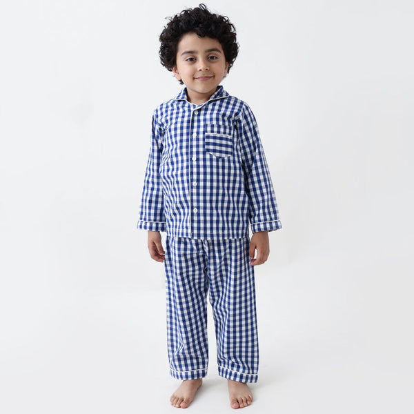 Classic Navy Gingham Pajama Set For Kids
