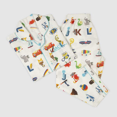 Alphabets Blue Organic Pajama Set For Kids