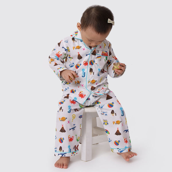 Alphabets Blue Organic Pajama Set For Kids