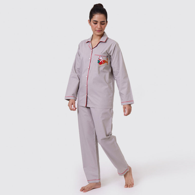 Women Santa In Sleigh (Grey) Pajama Set