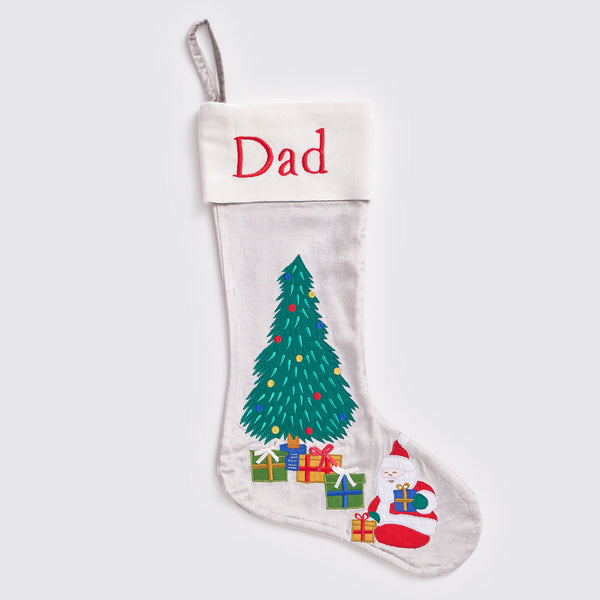 Santa Sitting Under Tree (Silver) Luxe Stocking